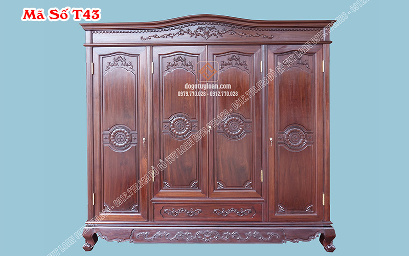 Tủ Áo 3 Buồng 4 Cánh Gỗ Gụ T43