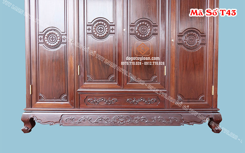 Tủ Áo 3 Buồng 4 Cánh Gỗ Gụ T43