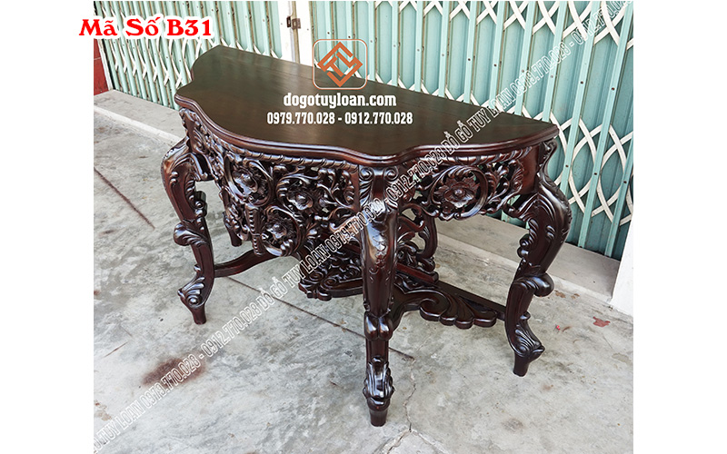 Bàn Bán Nguyệt Louis Hoa Lá Tây Gỗ Gụ B31