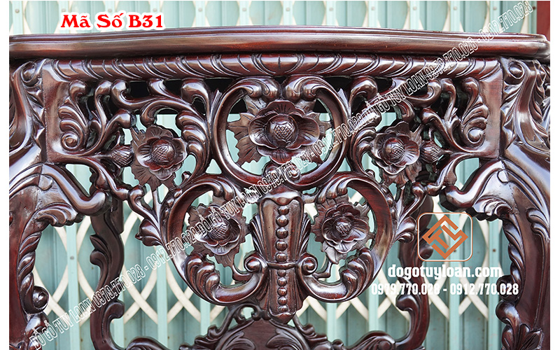 Bàn Bán Nguyệt Louis Hoa Lá Tây Gỗ Gụ B31