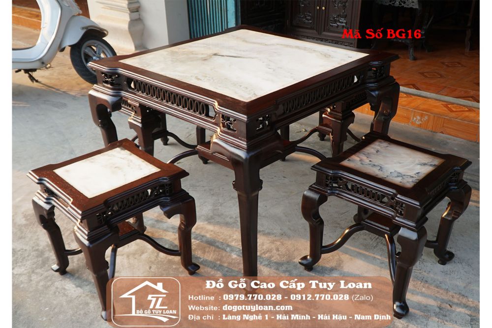 Bộ Bàn Ghế Đôn Vuông Mặt Đá Mã Số BG16