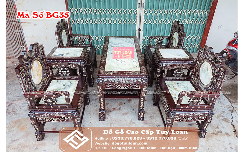 Bàn Ghế Vách Tàu Gỗ Gụ Khảm Ốc Đẹp BG35