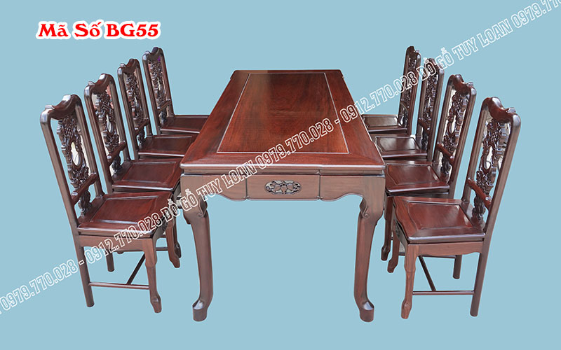 Bộ Bàn Ăn Nho 8 Ghế Gỗ Gụ, Bền Đẹp BG55 - Đồ Gỗ Tuy Loan