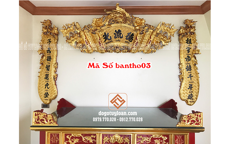 Bàn Thờ, Cuốn Thư ĐỨC LƯU QUANG, Câu Đối Gỗ Gụ Sơn Son Thiếp Vàng 03