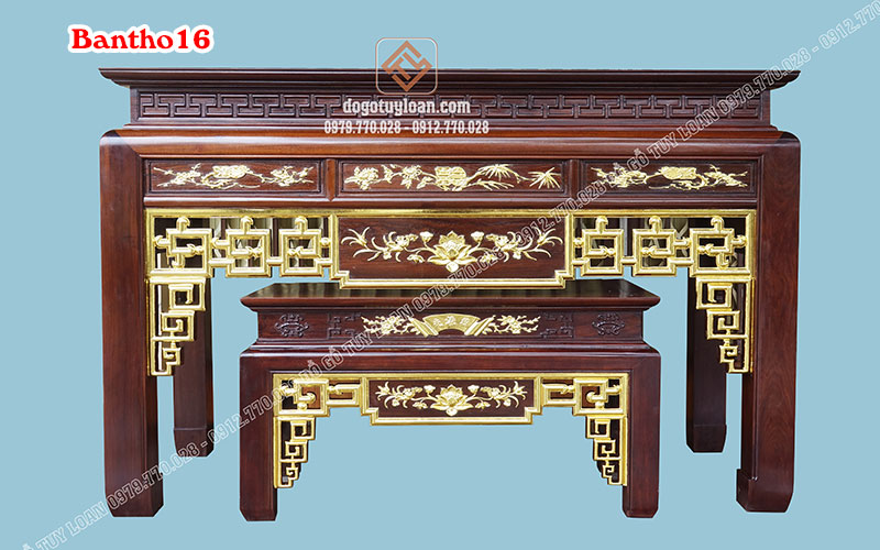 Bàn Thờ và Bàn Cơm Gỗ Gụ Thiếp Vàng mã số bantho16