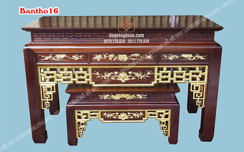 Bàn Thờ và Bàn Cơm Gỗ Gụ Thiếp Vàng mã số bantho16