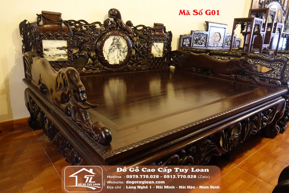 Giường Ba Thành Voi Gỗ Gụ Mã Số G01